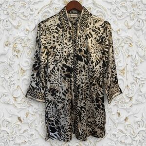 Chico's Satin Soft Cheetah Print Button-Up Blouse with Tribal Trim Size Small